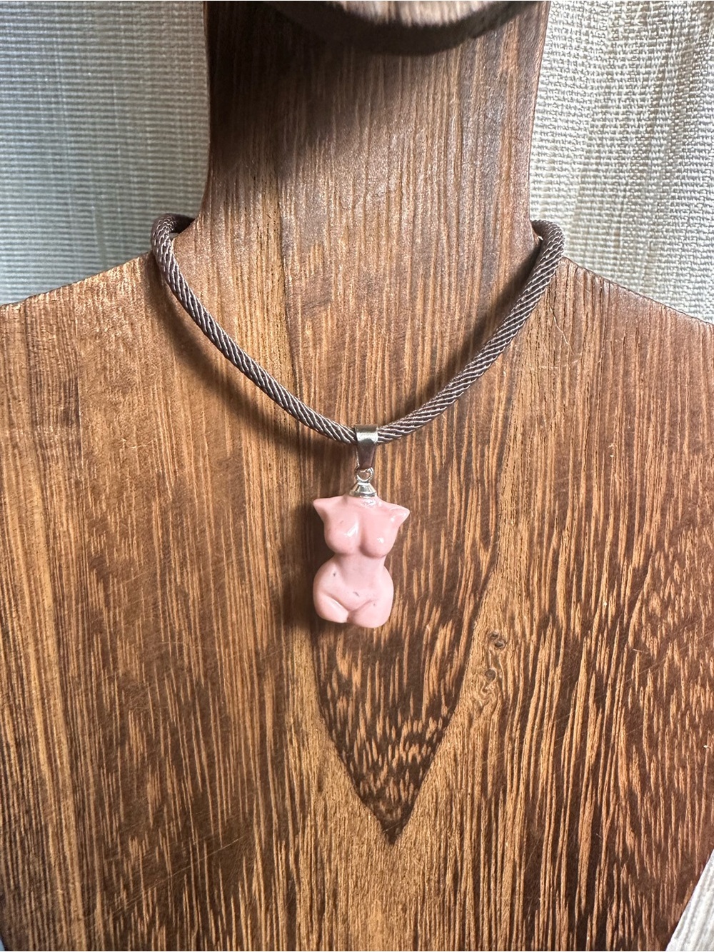 Mini Light Pink Alashan Agate Lady Body Carving Pendant Necklace on Brown Rope - Picture 14 of 16